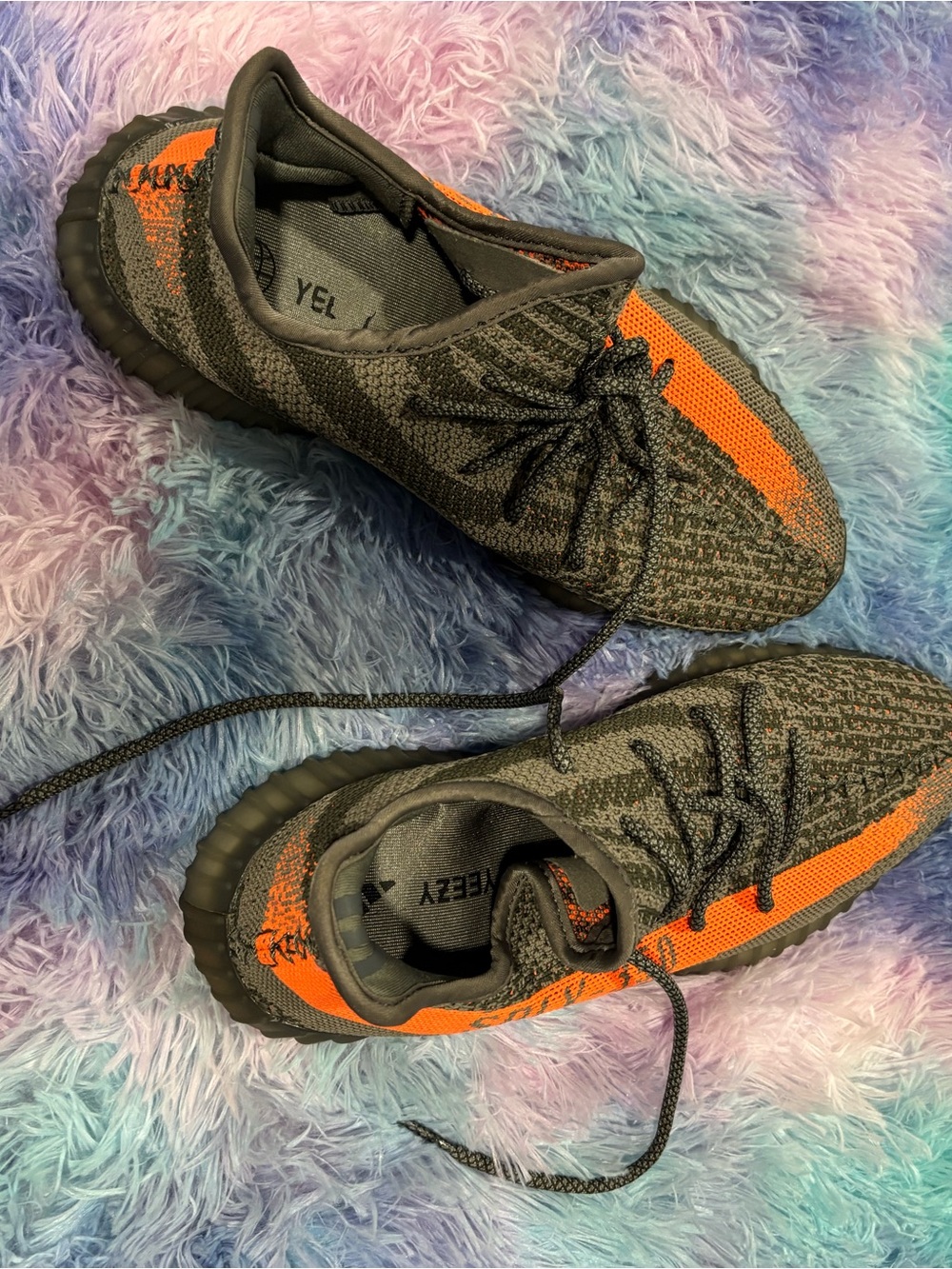 Yeezy Charcoal Knit Sneaker with Orange Stripe